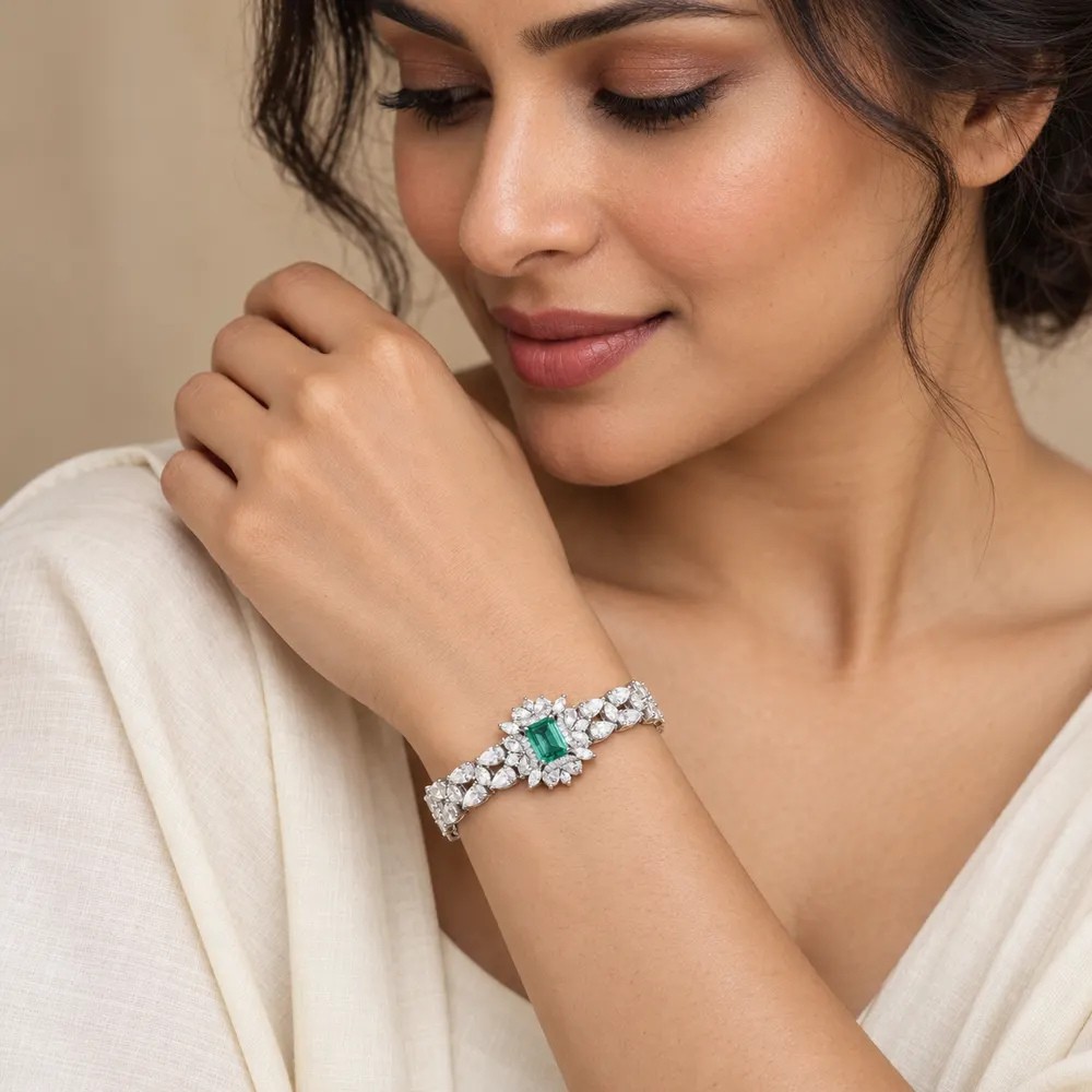 Emerald Art Deco Cluster Moissanite Bracelet — second view