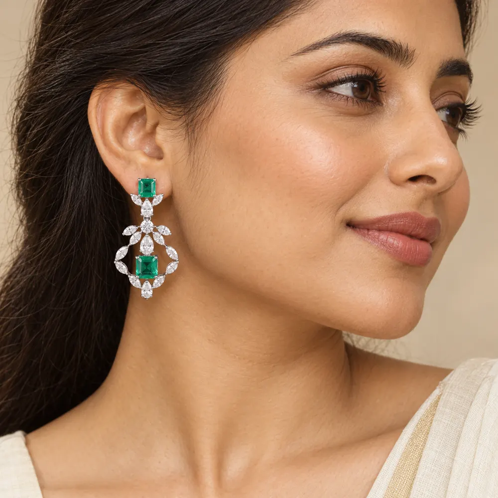 Emerald Asymmetric Cluster Moissanite Drop Earrings — second view