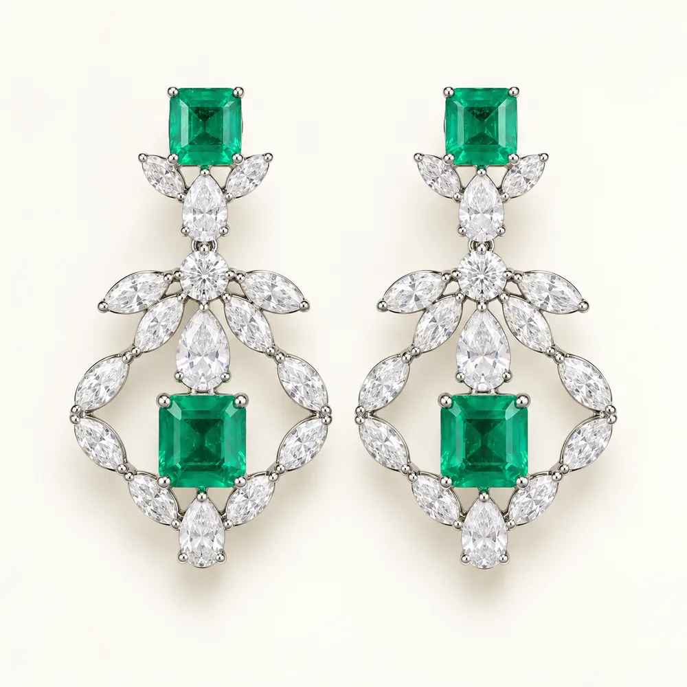 Emerald Asymmetric Cluster Moissanite Drop Earrings