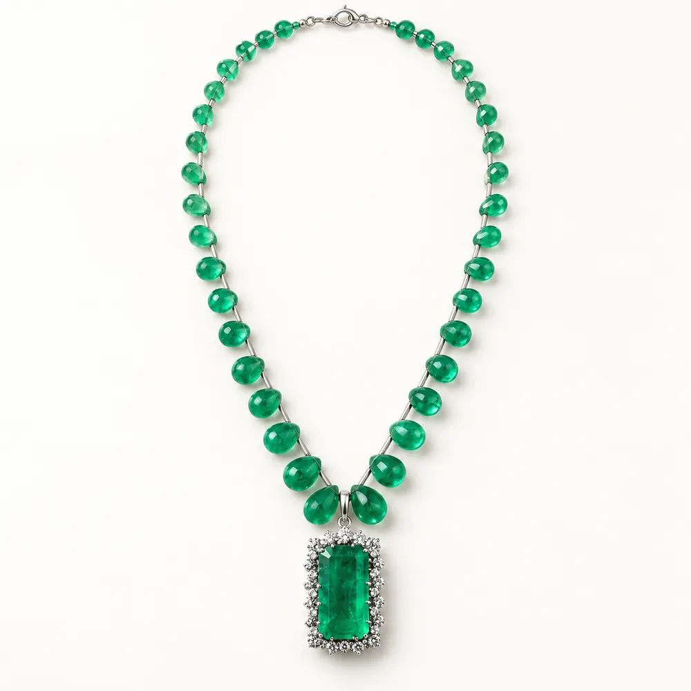 Emerald Bead Elongated Moissanite Pendant Necklace