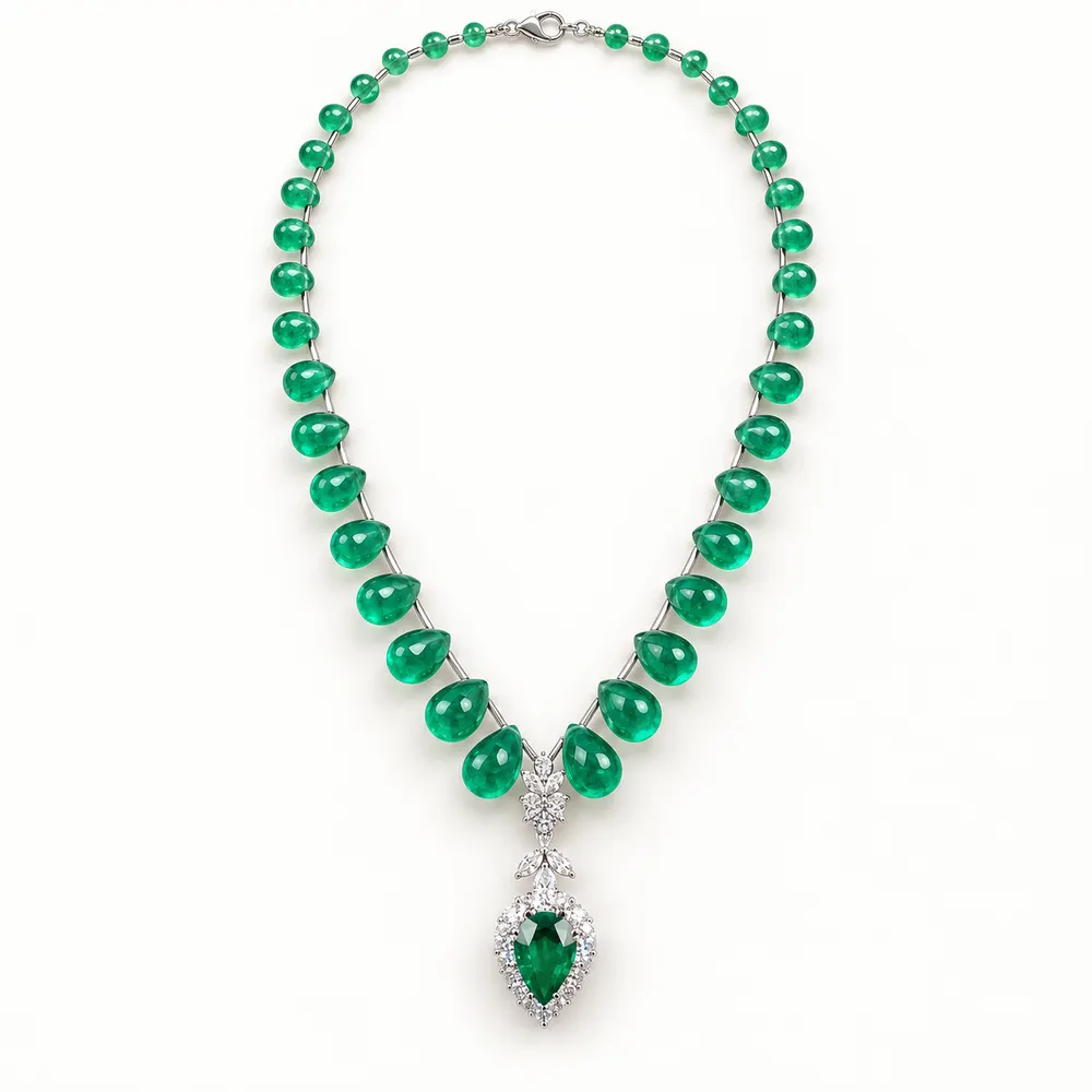 Emerald Bead Inverted Pear Moissanite Pendant Necklace