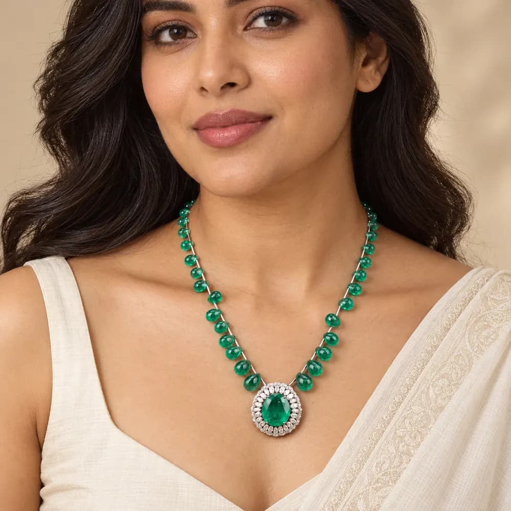 Emerald Bead Oval Halo Moissanite Necklace — second view