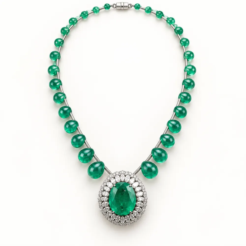 Emerald Bead Oval Halo Moissanite Necklace