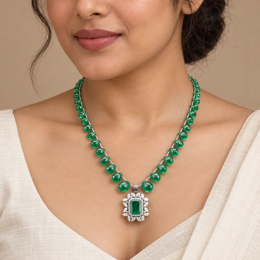 Emerald Bead Petal Halo Moissanite Pendant Necklace — second view