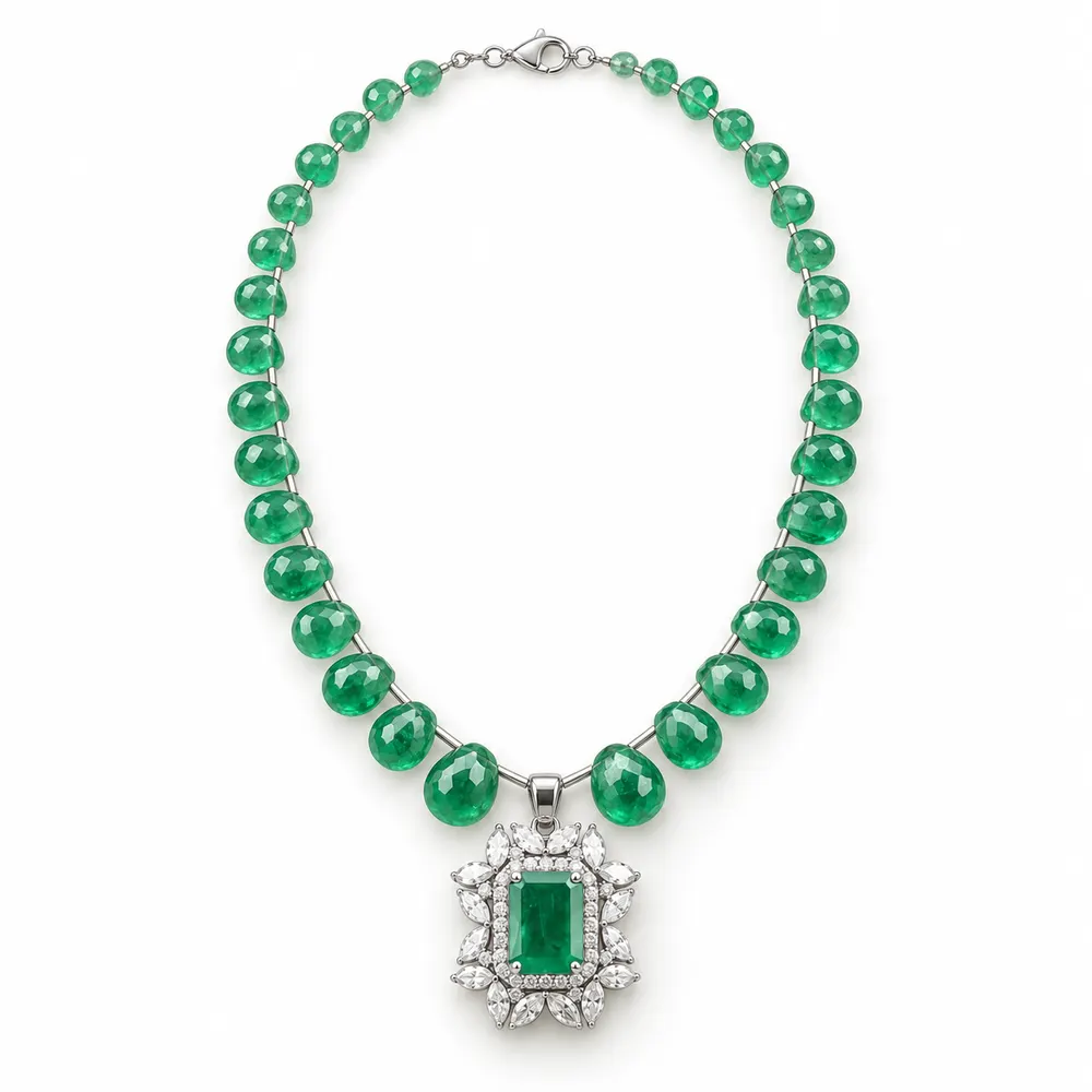Emerald Bead Petal Halo Moissanite Pendant Necklace