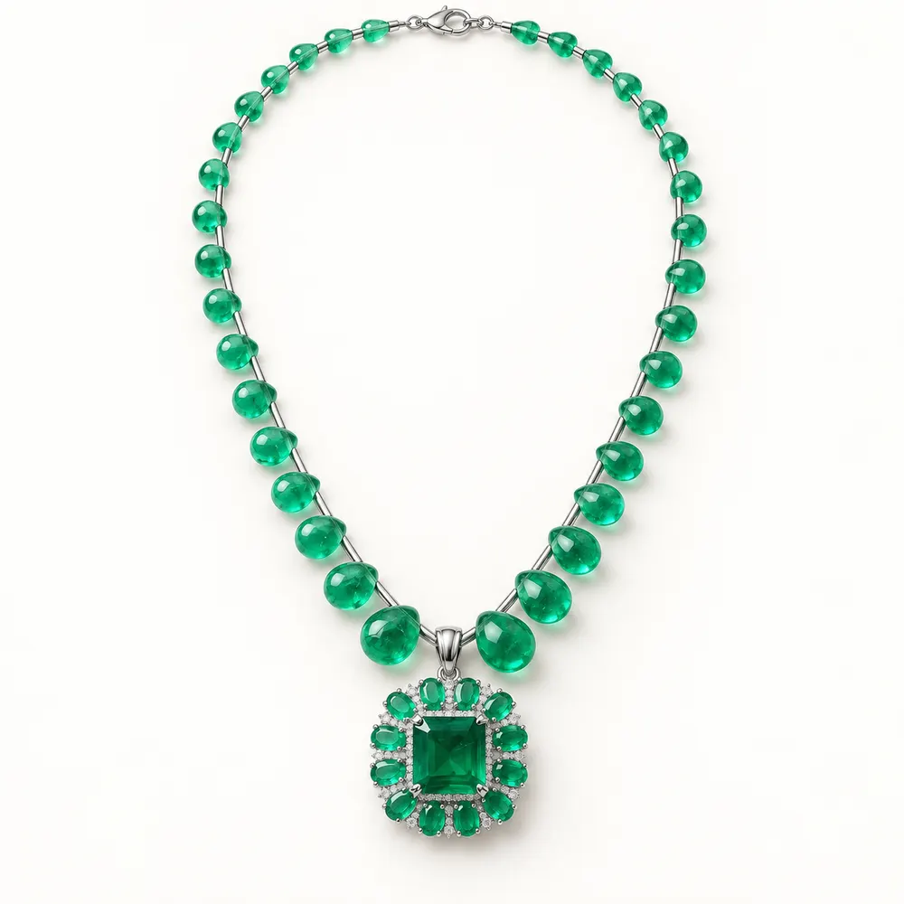Emerald Bead Rectangular Moissanite Pendant Necklace
