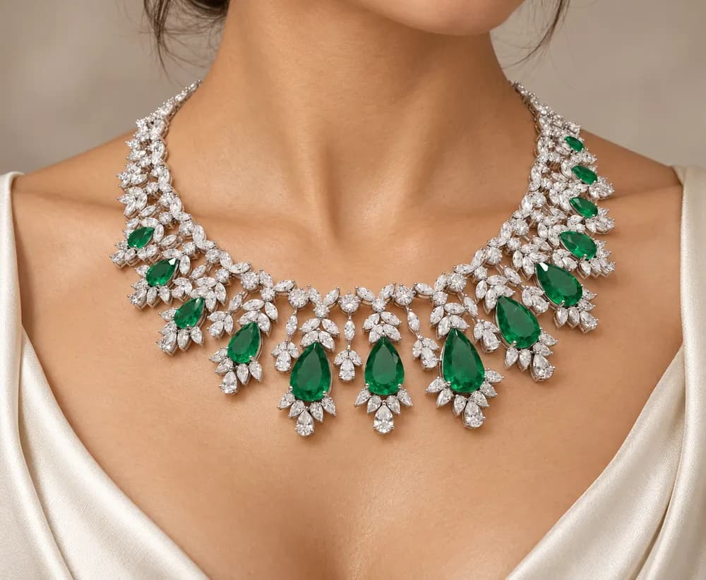 Emerald Bridal Fringe Moissanite Collar Necklace — second view