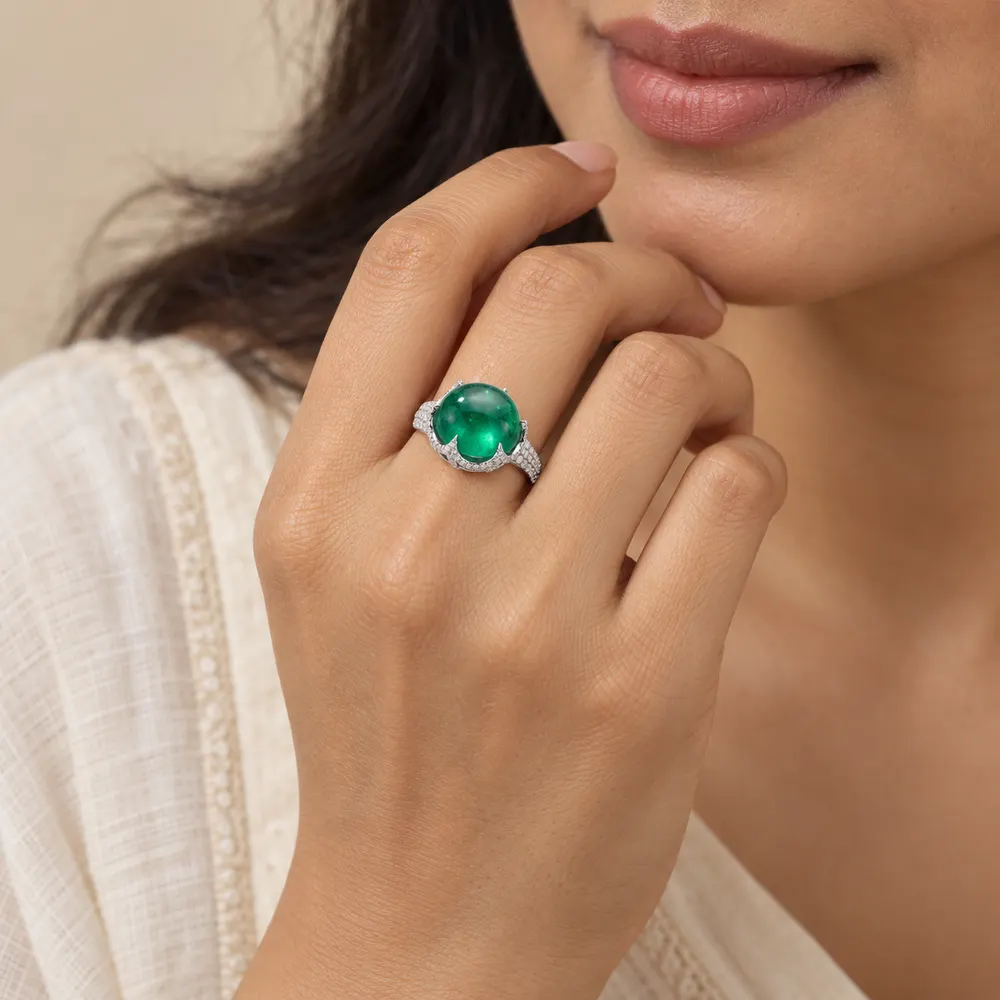 Emerald Cabochon Halo Moissanite Ring — second view