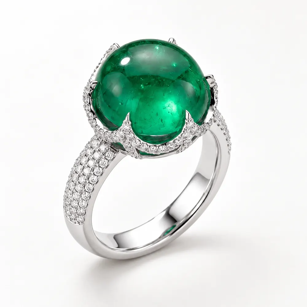 Emerald Cabochon Halo Moissanite Ring