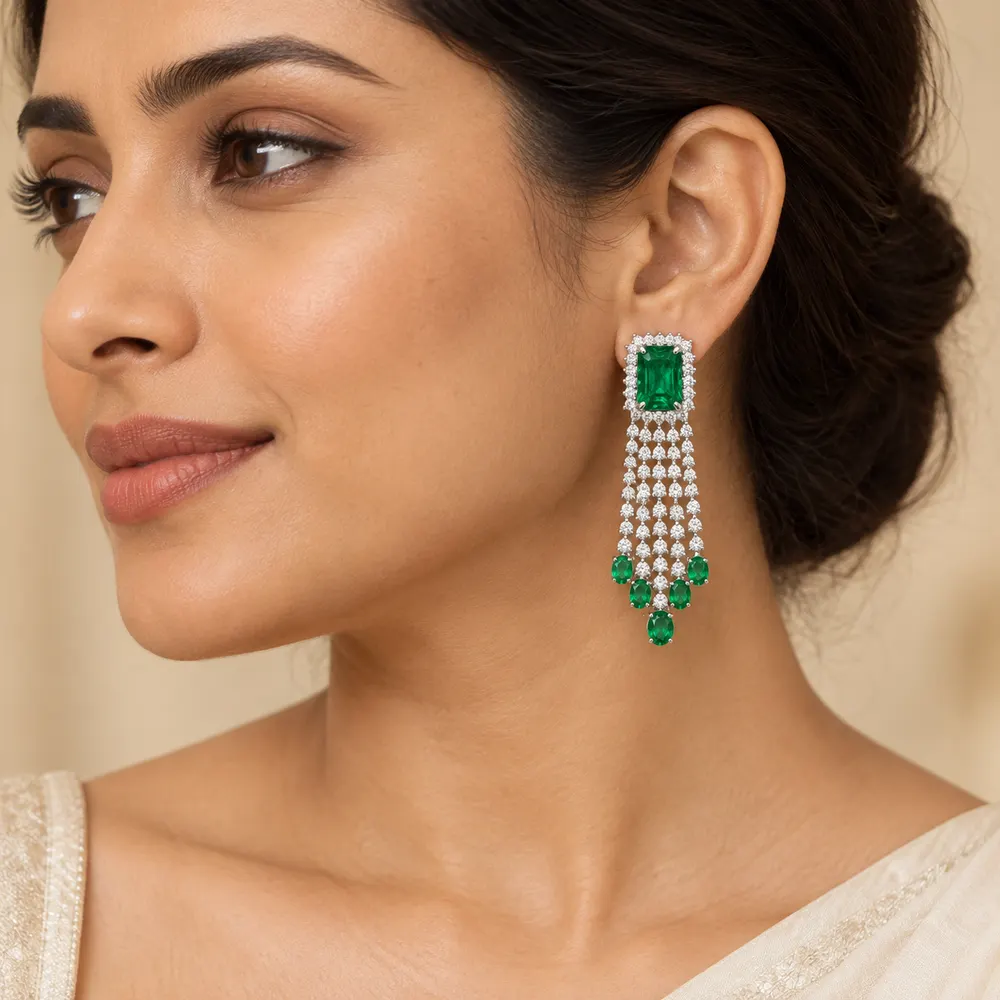 Emerald Cascade Chandelier Moissanite Earrings — second view