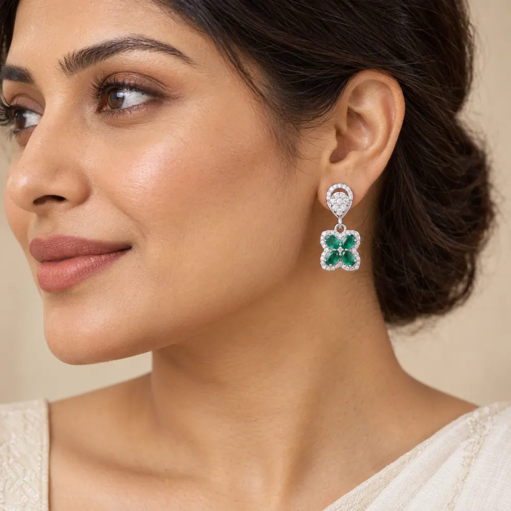 Emerald Clover Teardrop Moissanite Earrings — second view