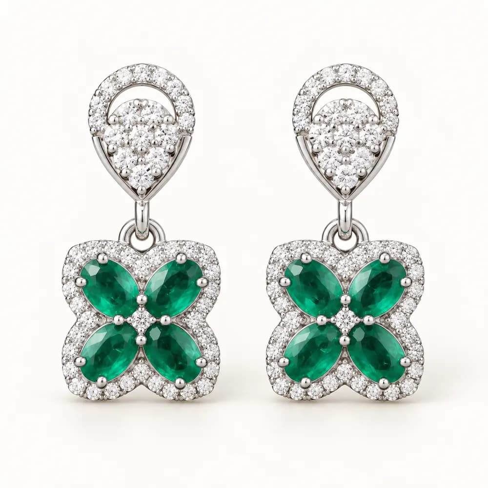 Emerald Clover Teardrop Moissanite Earrings