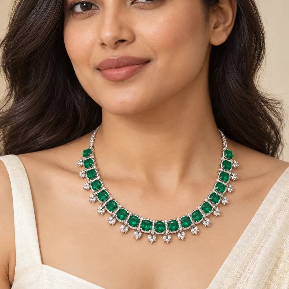 Emerald Cushion Link Halo Moissanite Necklace — second view