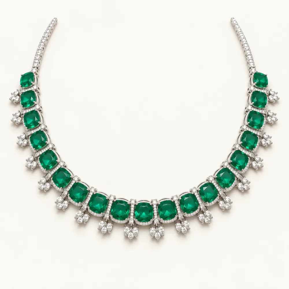 Emerald Cushion Link Halo Moissanite Necklace