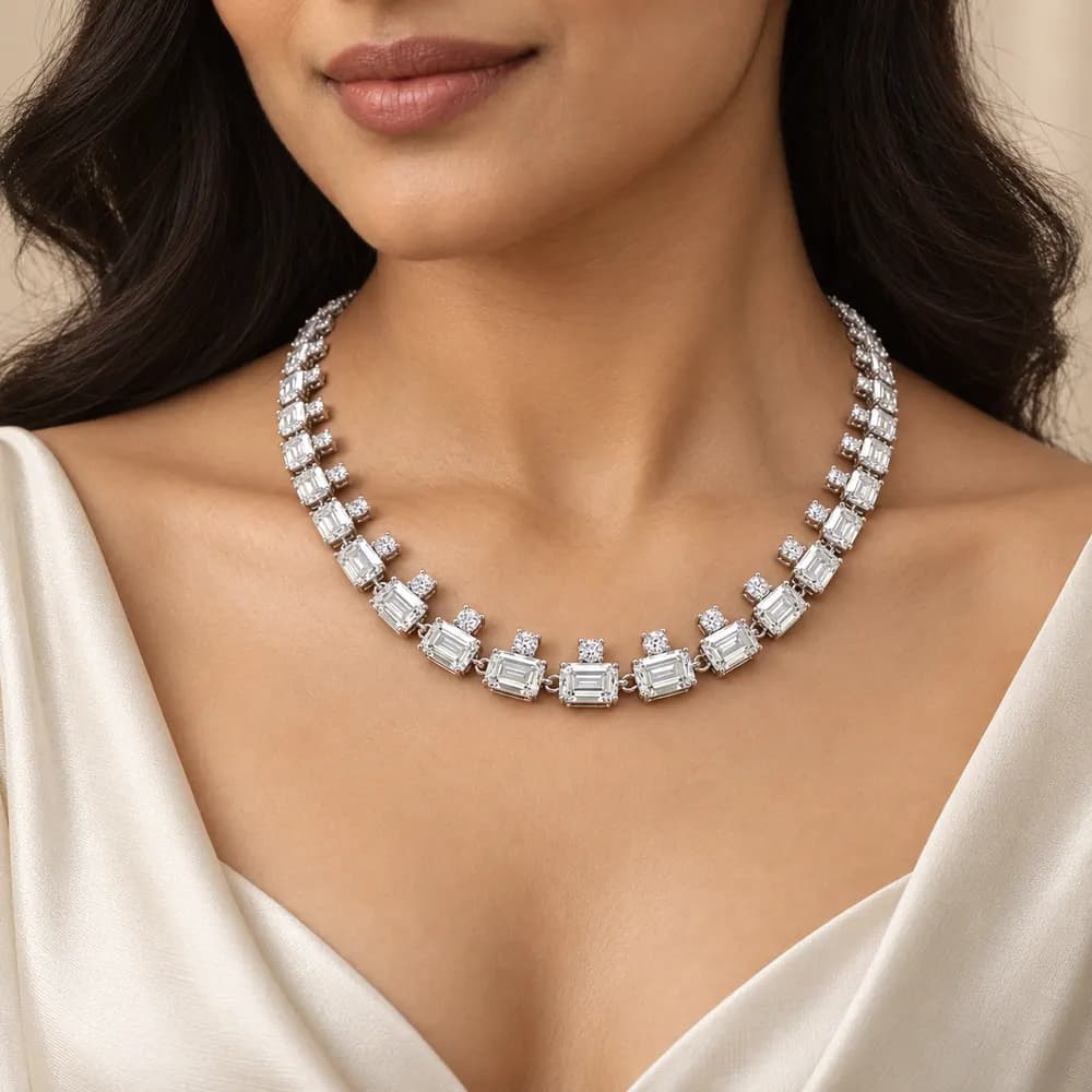 Emerald-Cut and Round Moissanite Necklace — second view