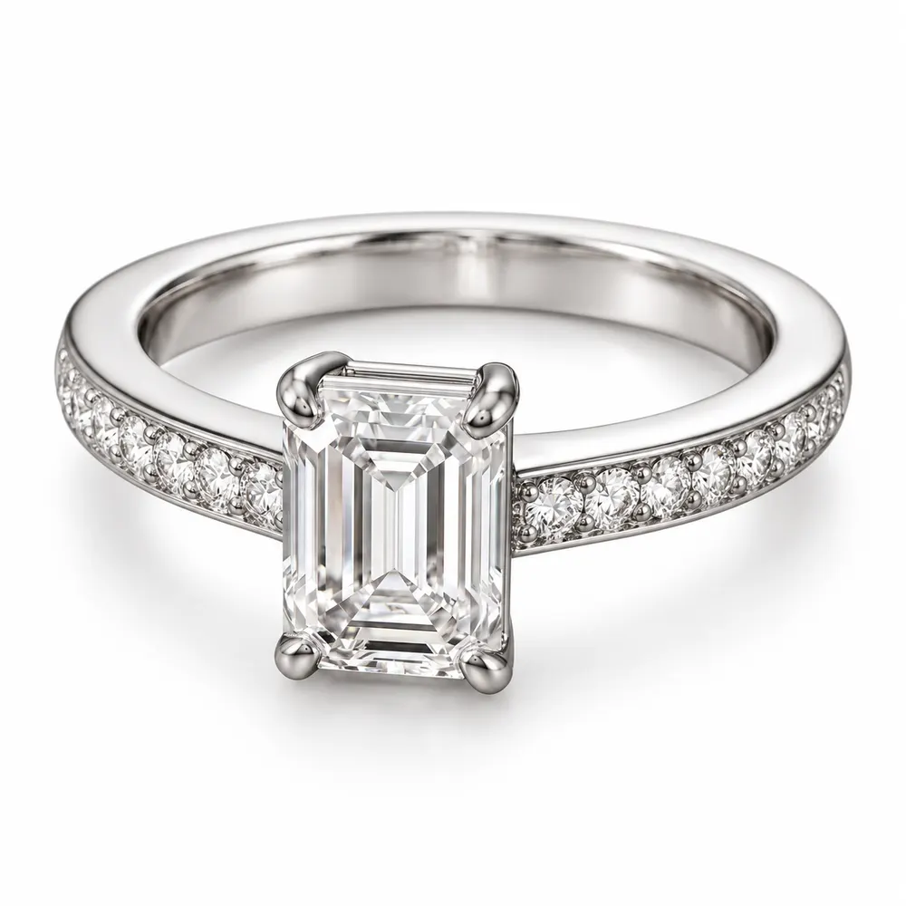 Emerald-Cut Classic Pavé Moissanite Ring