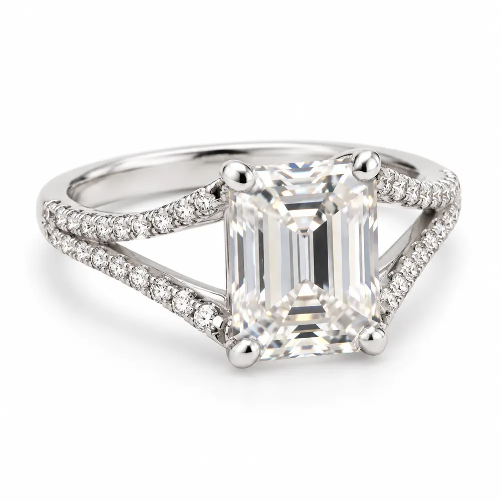 Emerald-Cut Open Split-Shank Moissanite Ring