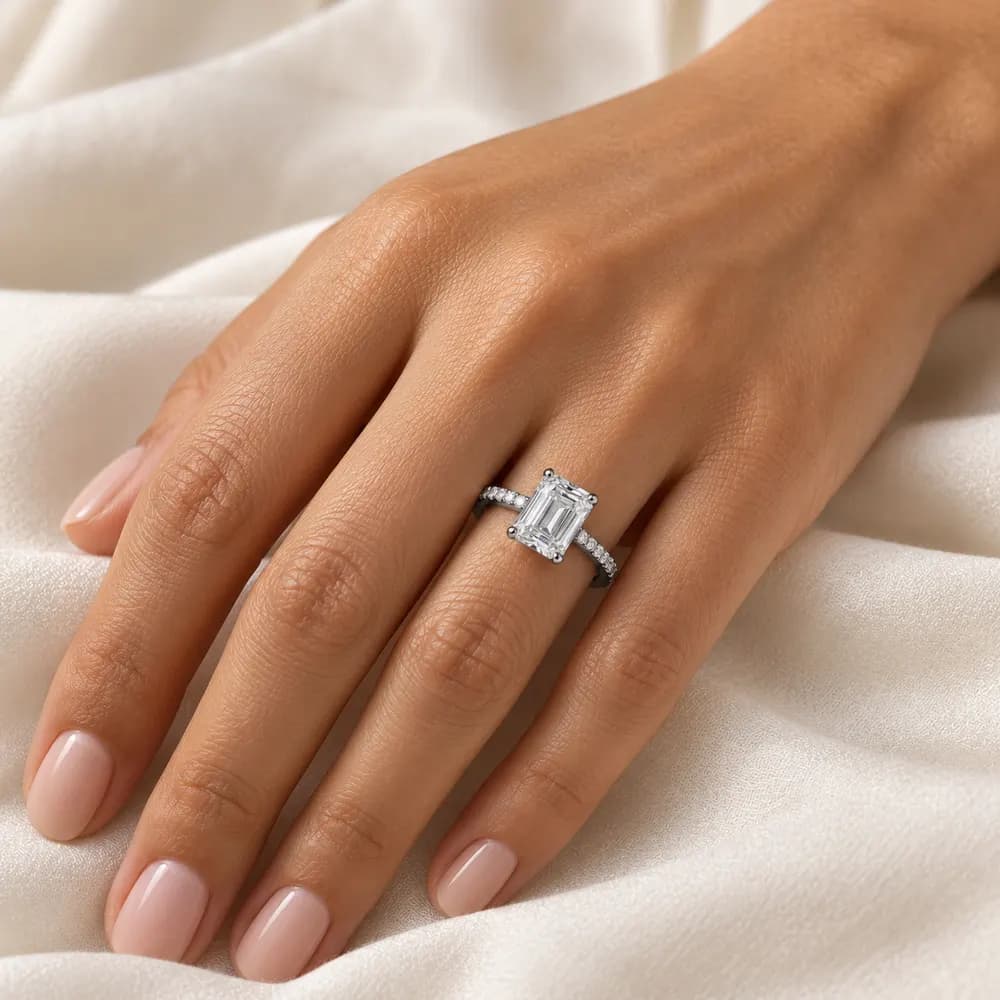 Emerald-Cut Solitaire Pavé Moissanite Ring — second view