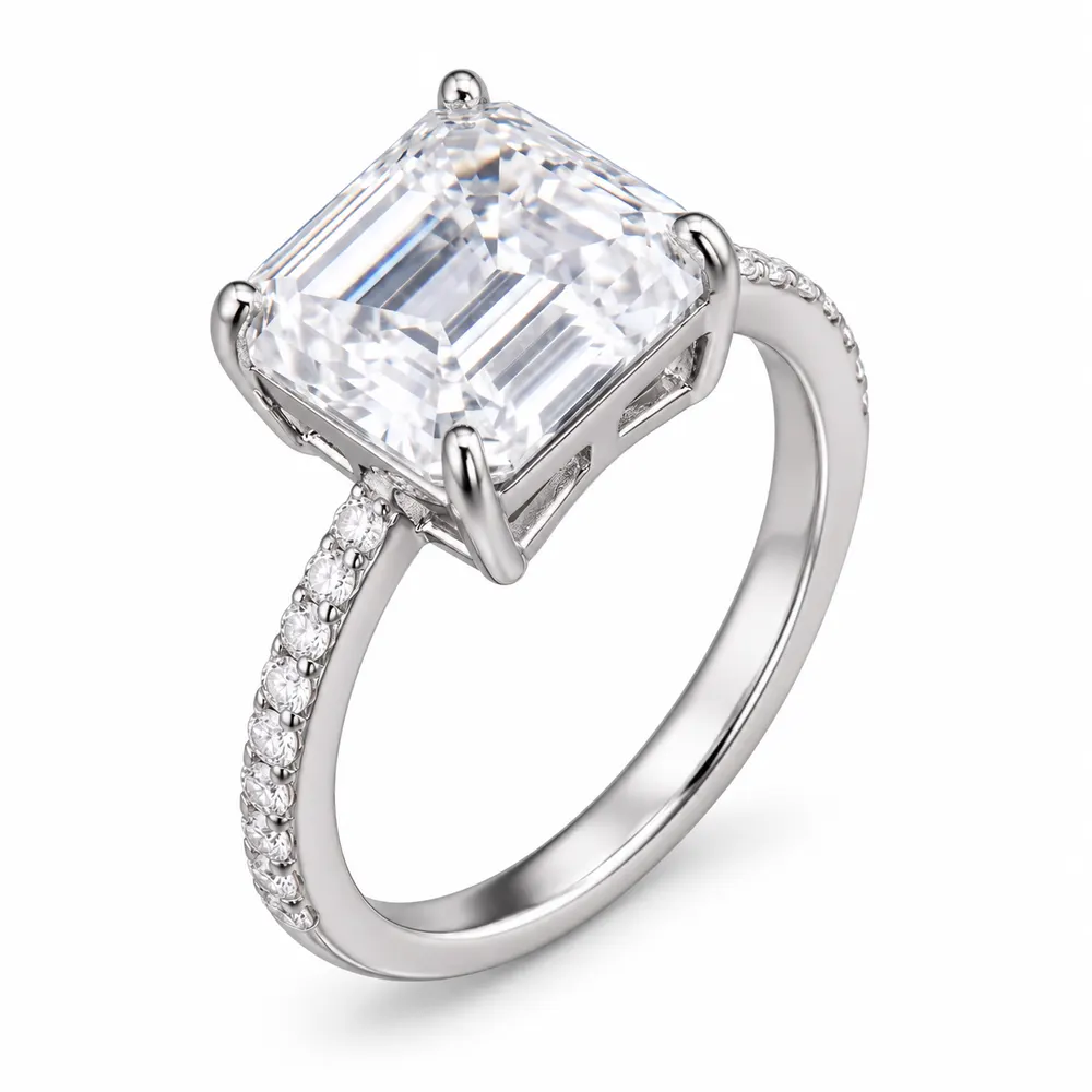 Emerald-Cut Solitaire Pavé Moissanite Ring