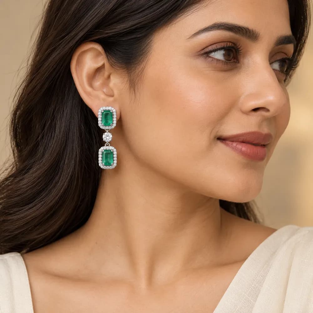 Emerald Double Rectangular Halo Moissanite Earrings — second view