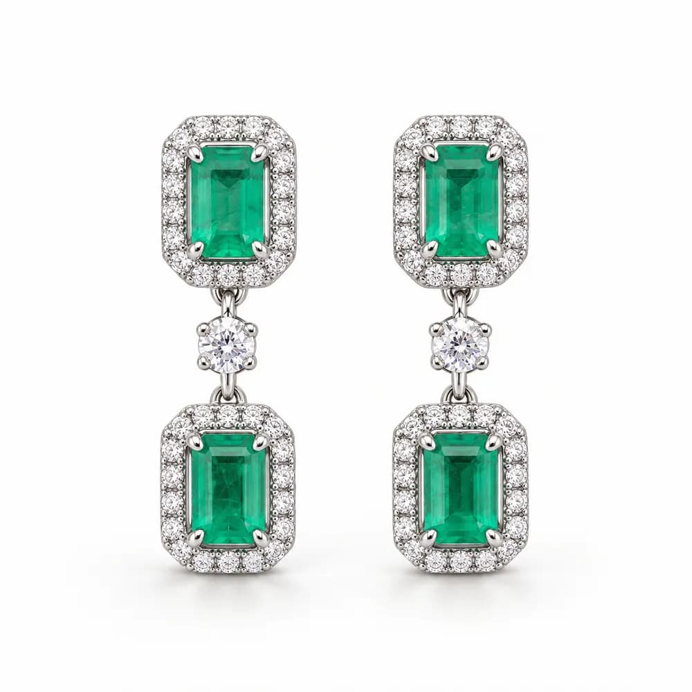 Emerald Double Rectangular Halo Moissanite Earrings