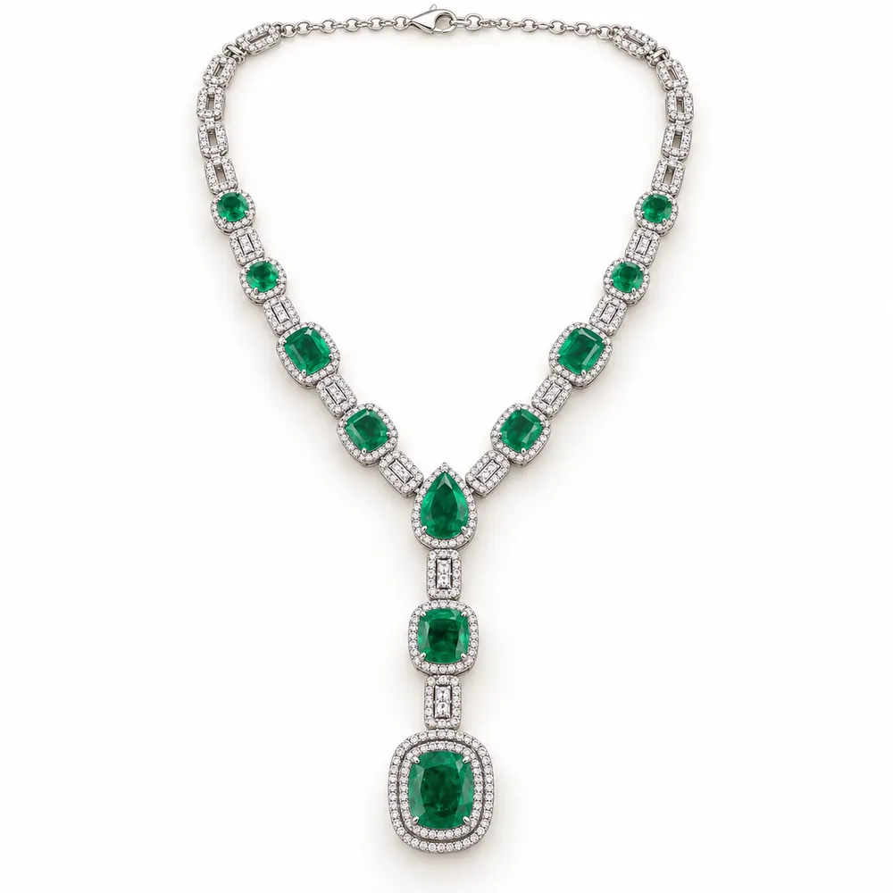 Emerald Eclipse Long Drop Moissanite Necklace