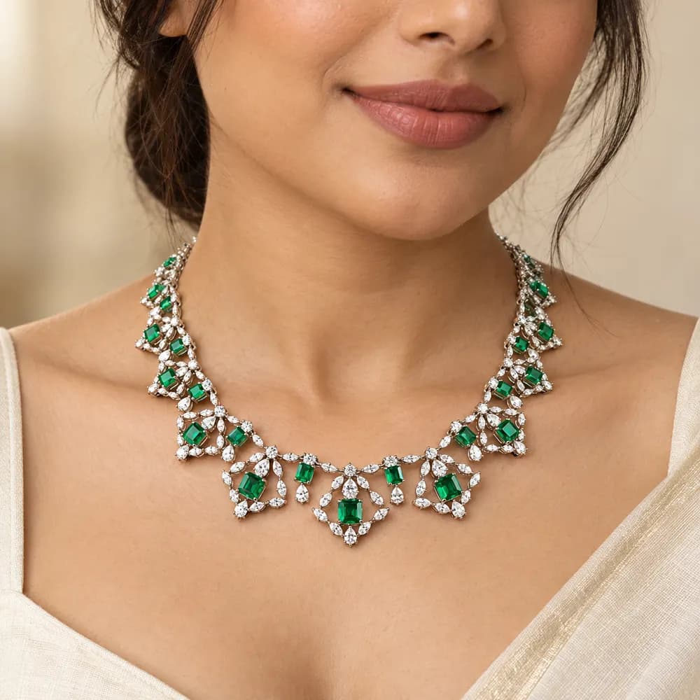 Emerald Elegance Floral Cluster Moissanite Necklace — second view