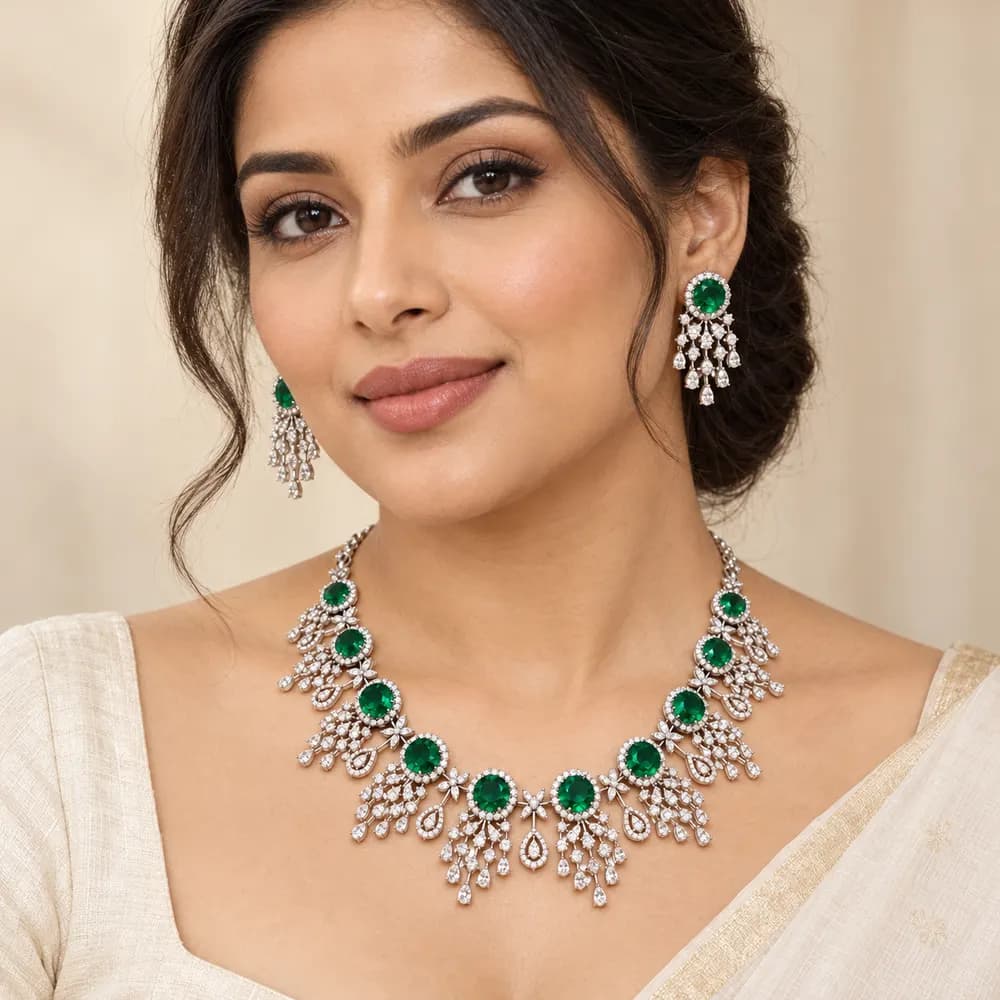 Emerald Elegance Floral Moissanite Necklace Set — second view