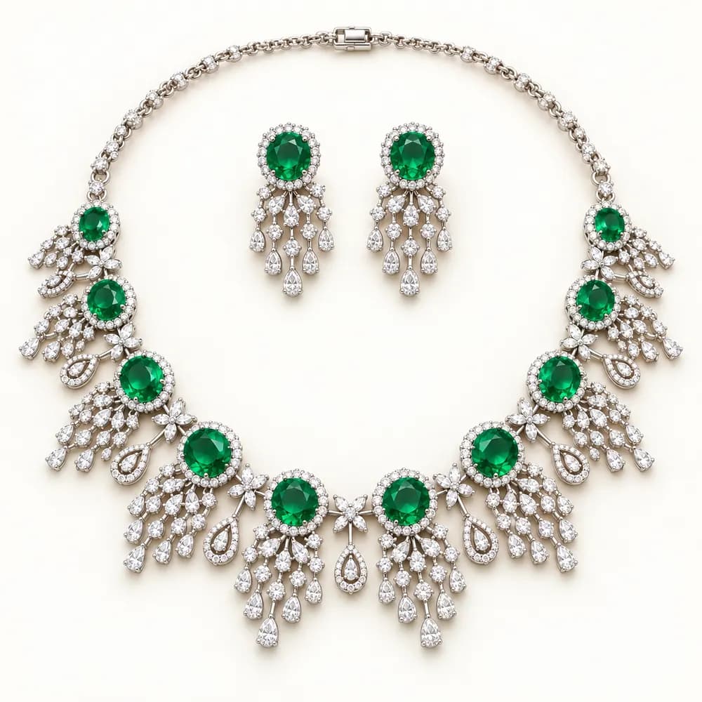 Emerald Elegance Floral Moissanite Necklace Set