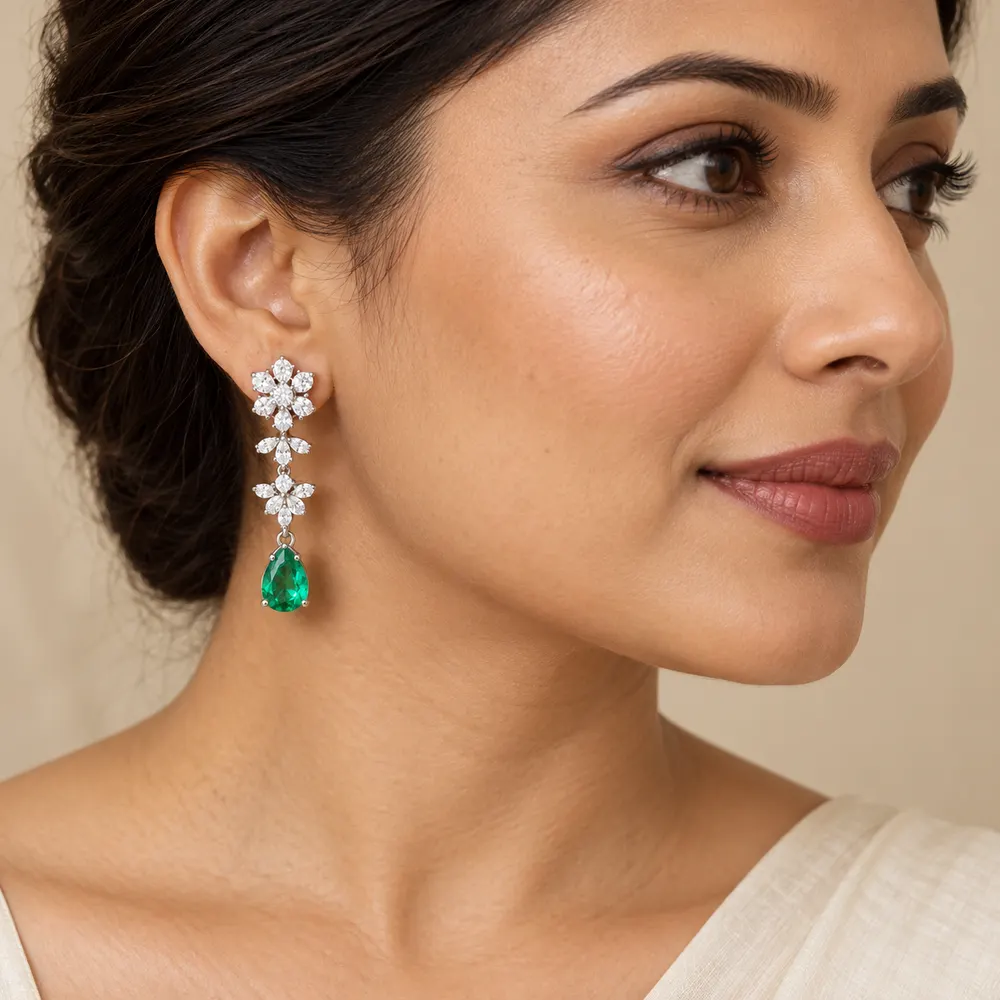 Emerald Elegance Floral Teardrop Moissanite Earrings — second view