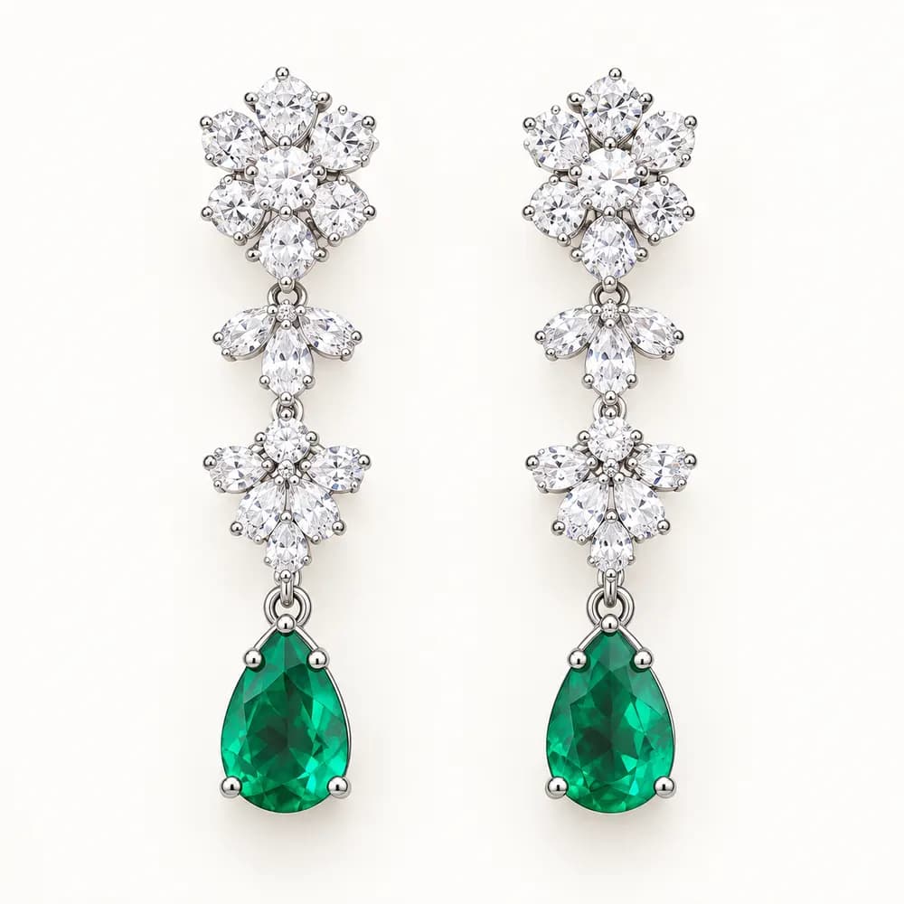 Emerald Elegance Floral Teardrop Moissanite Earrings