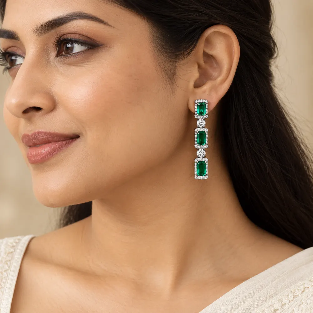 Emerald Elegance Triple Moissanite Drop Earrings — second view