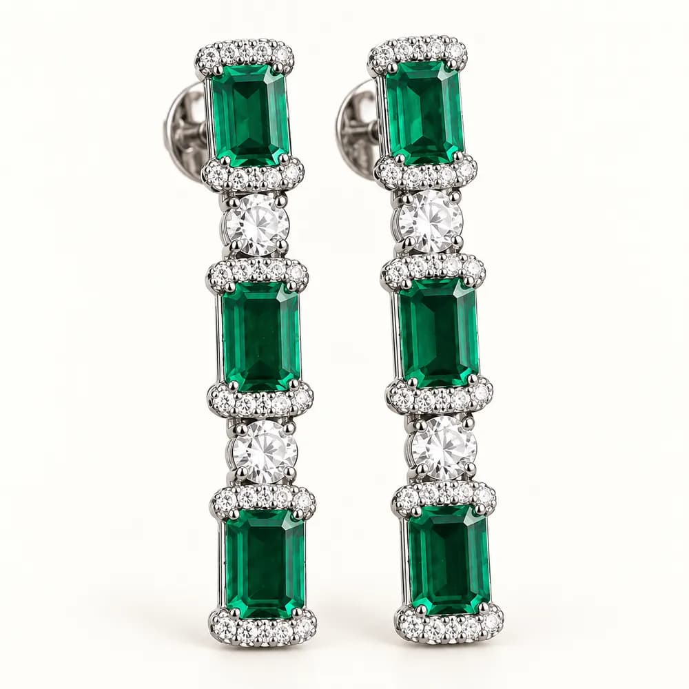Emerald Elegance Triple Moissanite Drop Earrings