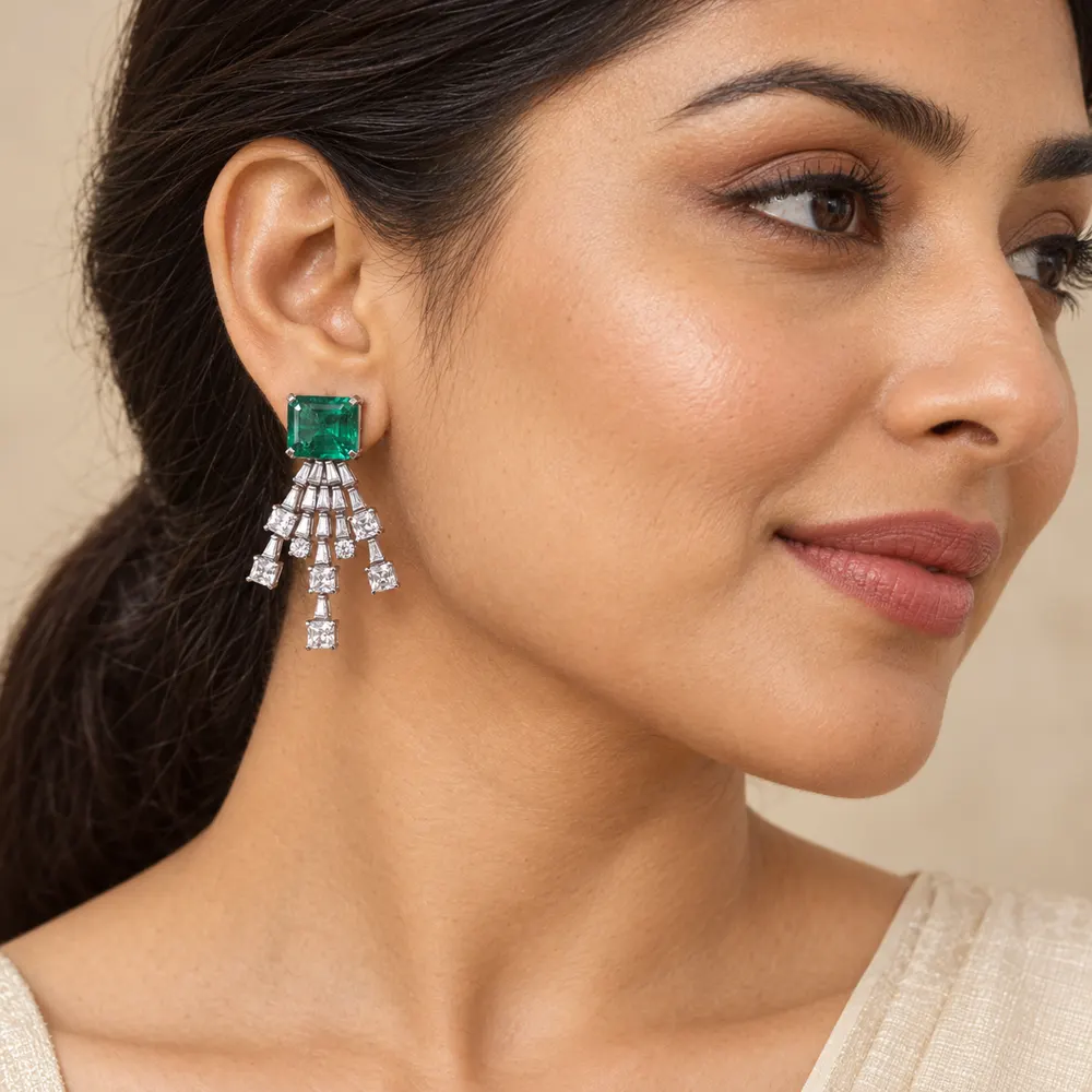 Emerald Fan Chandelier Moissanite Earrings — second view