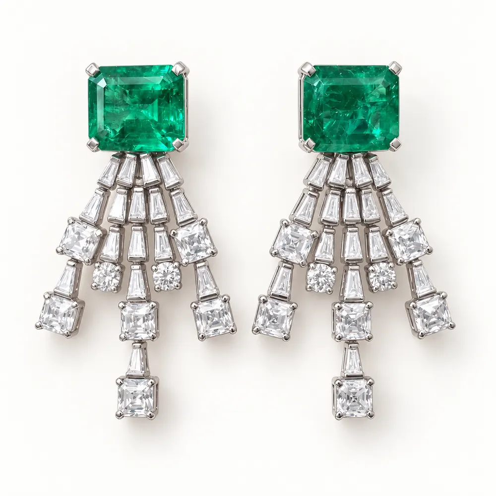 Emerald Fan Chandelier Moissanite Earrings