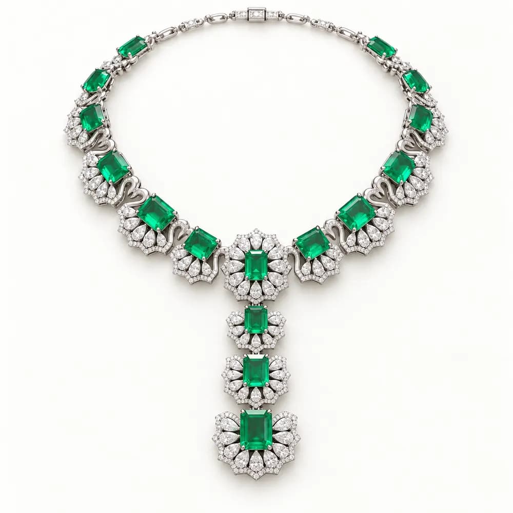 Emerald Floral Cascade Statement Moissanite Necklace