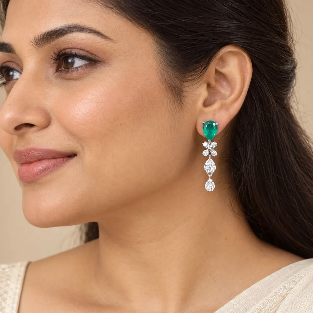Emerald Floral Double Pear Moissanite Earrings — second view