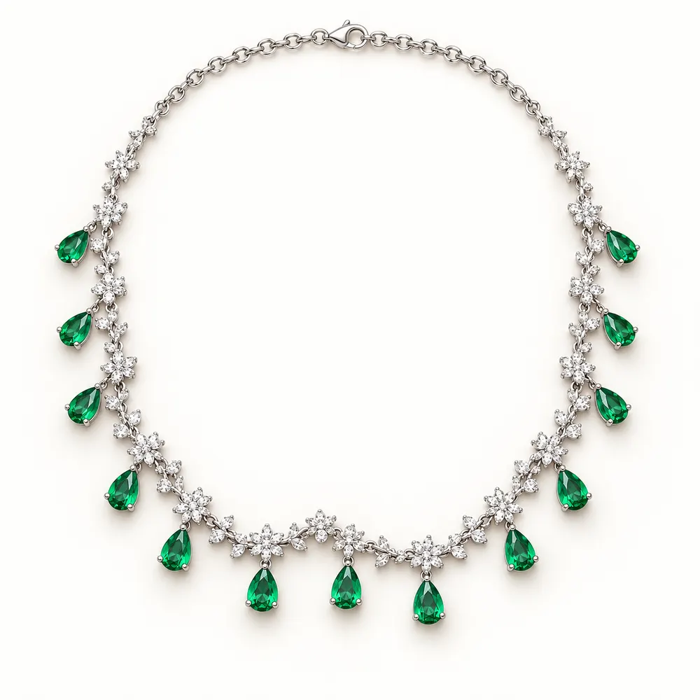 Emerald Floral Link Fringe Moissanite Necklace