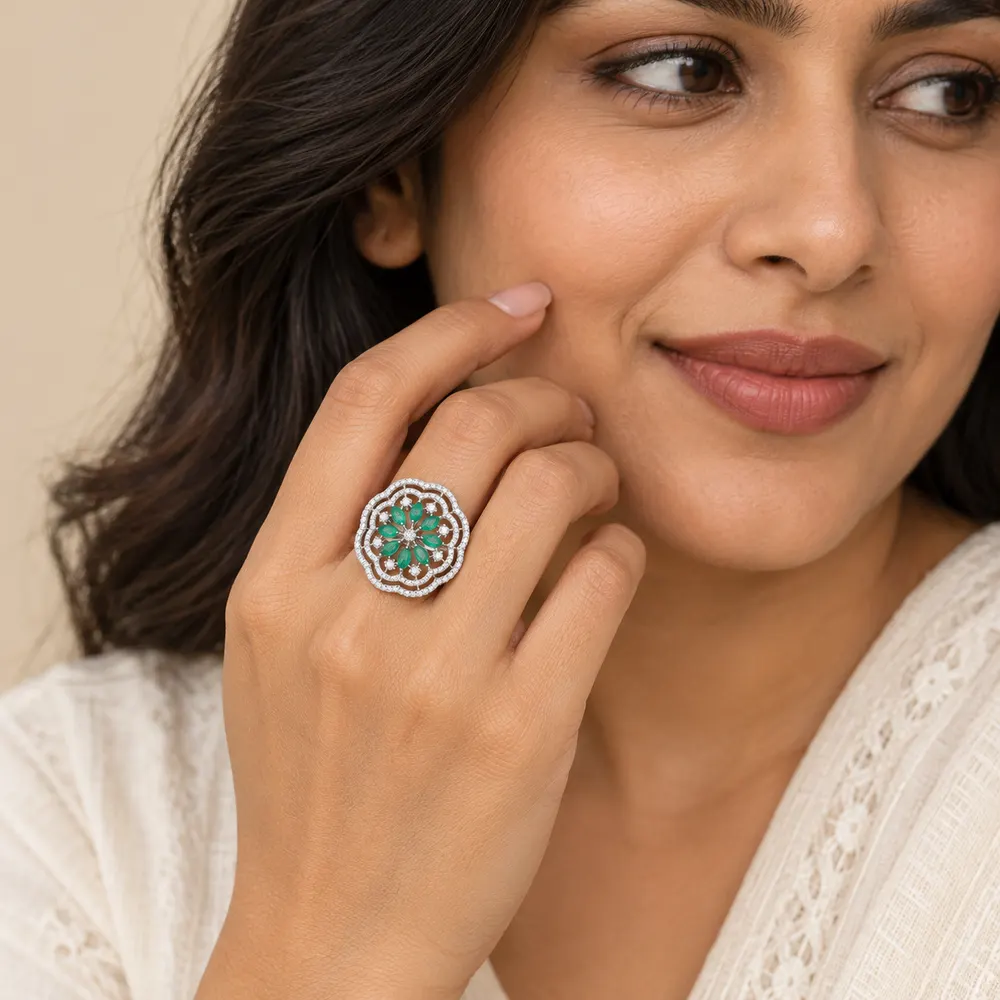 Emerald Floral Openwork Moissanite Ring — second view