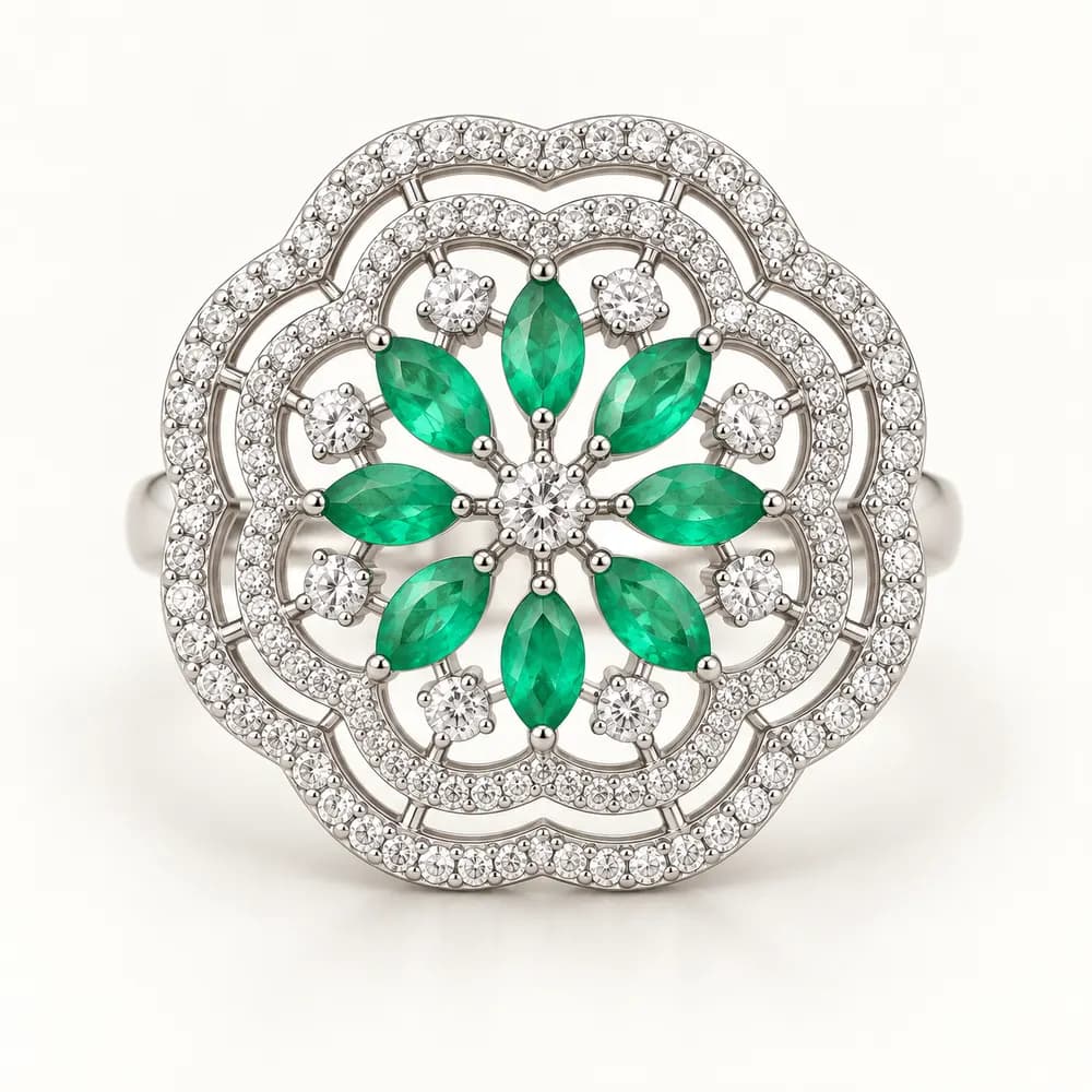 Emerald Floral Openwork Moissanite Ring