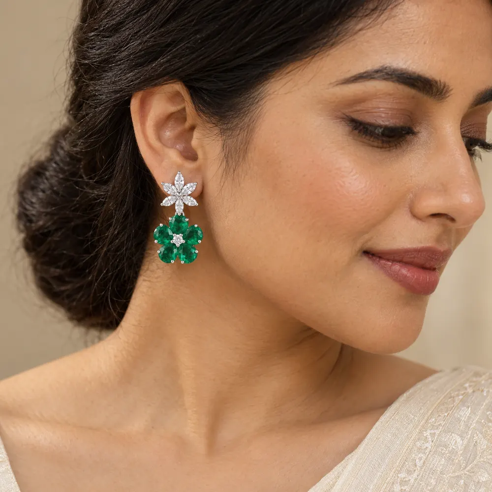 Emerald Flower and Leaf Moissanite Earrings — second view