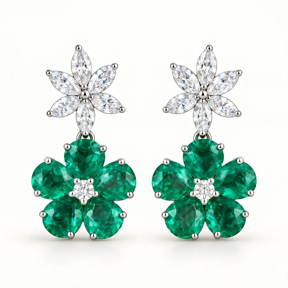 Emerald Flower and Leaf Moissanite Earrings
