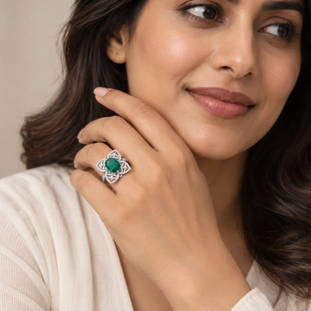 Emerald Four Petal Pavé Moissanite Ring — second view