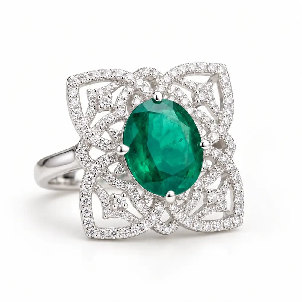 Emerald Four Petal Pavé Moissanite Ring