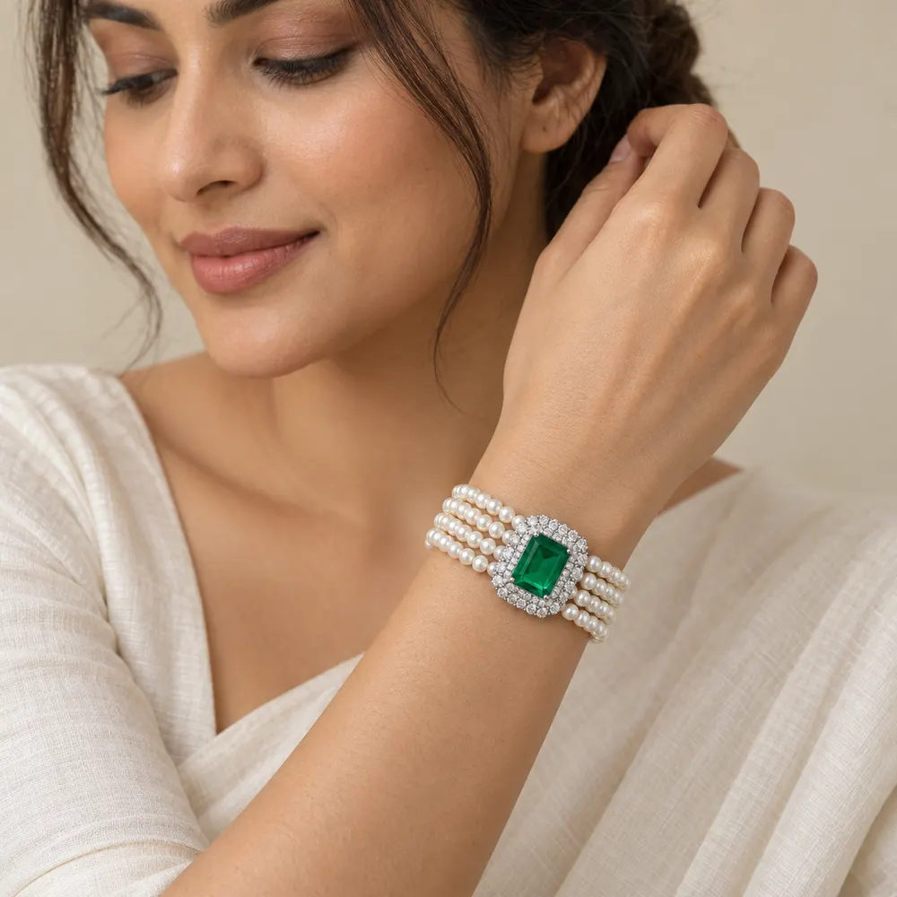 Emerald Four Strand Pearl Moissanite Bracelet — second view