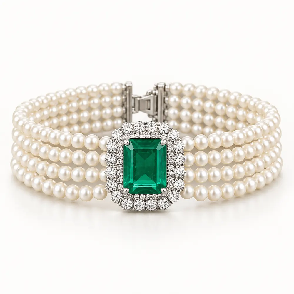 Emerald Four Strand Pearl Moissanite Bracelet