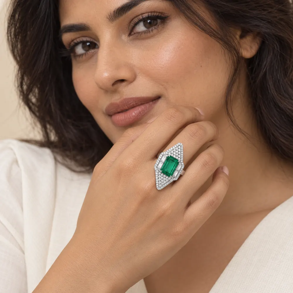 Emerald Geometric Pavé Statement Moissanite Ring — second view