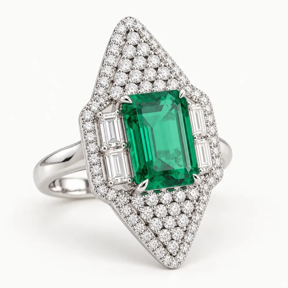 Emerald Geometric Pavé Statement Moissanite Ring