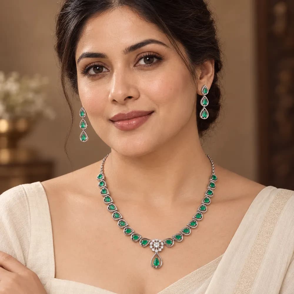 Emerald Halo Moissanite Pendant Necklace Set — second view