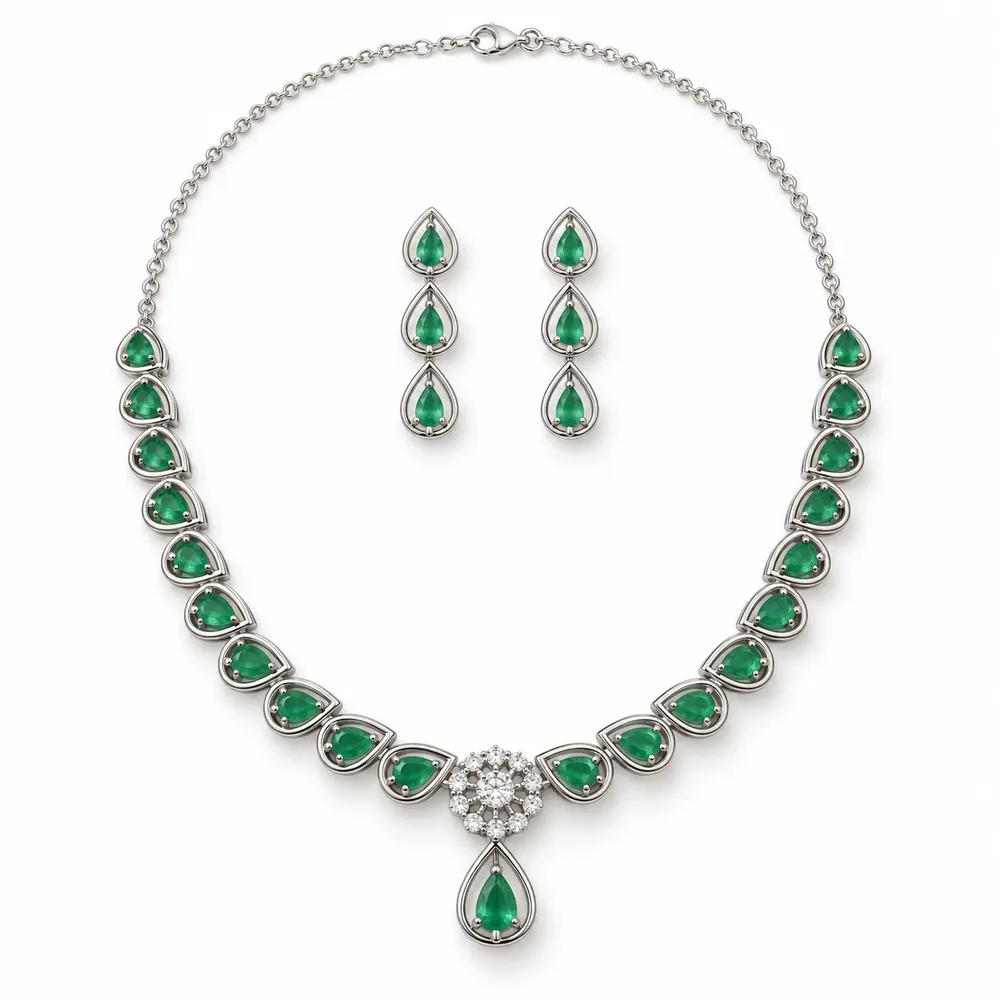 Emerald Halo Moissanite Pendant Necklace Set